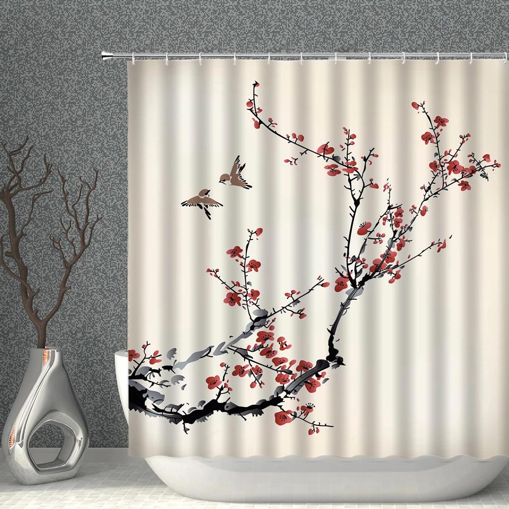 Chinese Style Shower Curtains Waterproof Fabric Flower Bird Eagle Horse Bathroom Curtain With Hooks Bath Screen Home Decoration