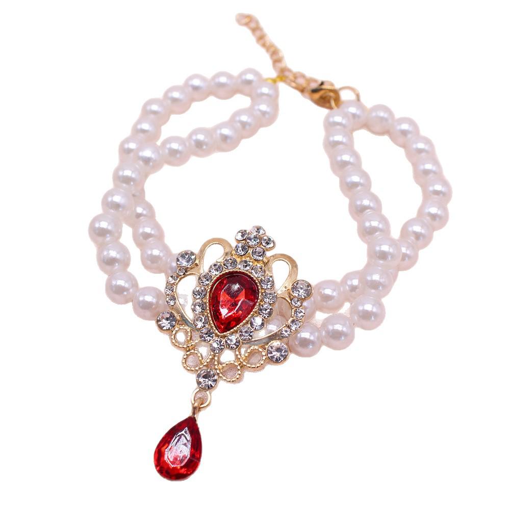 Colar de Pérolas e Strass de Fileira Dupla para Animais de Estimação - Gargantilha de Luxo para Gatos e Cães