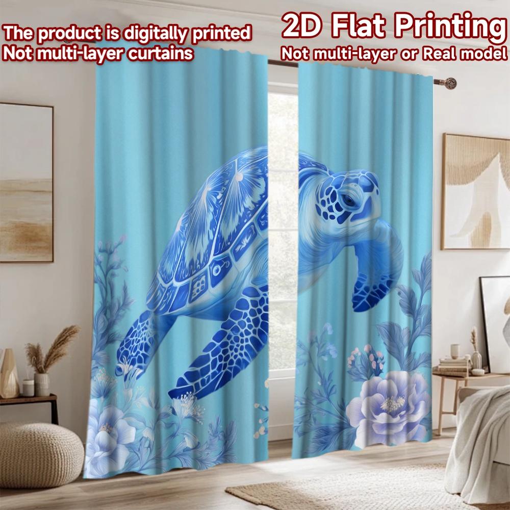 2D Flat Printing 2pcs Curtains Blue Sea Turtle Floral Tapestry Digital Printed Polyester Drapes Family Party for Home Wall Yard