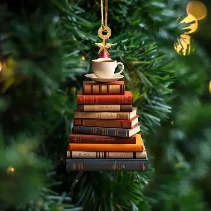 2026 Christmas Tree Shape Bookshelf Pendant, 2D Acrylic Flat Books Stacked Christmas Ornaments Home Decoration Party Supplies