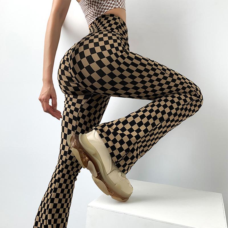

Женские расклешенные брюки для йоги Y2K в клетку в клетку с высокой талией, тонкие леггинсы, спортивная одежда L коричневый