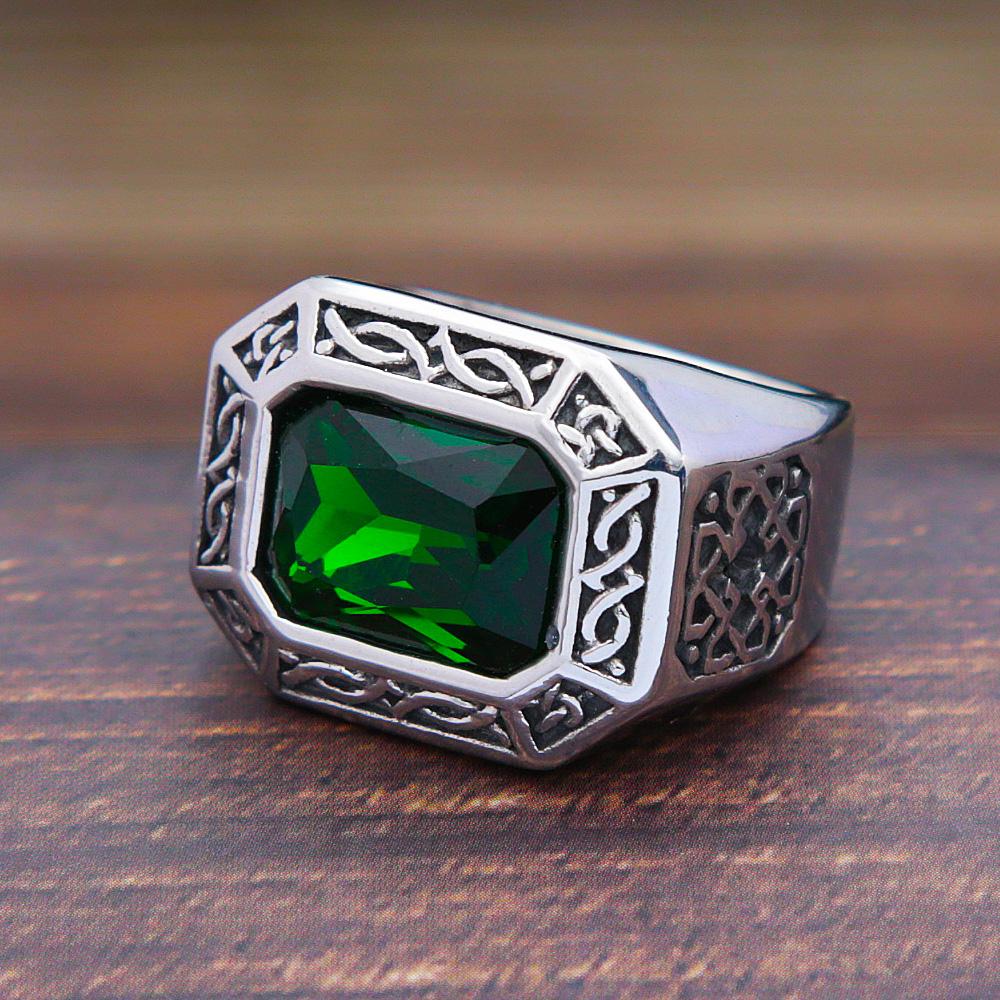 

Punk Hip Hop Creative Square Green Stone Ring Men Women Stainless Steel Retro Nordic Irish Celtics Knot Rings Jewelry Gift 13 зелений
