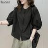 ZANZEA Women Casual Round Neck Loose 3/4 Sleeve Plain Blouse
