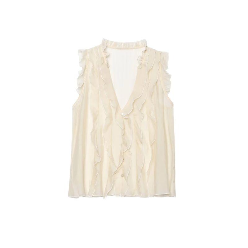 Summer New Women Clothes French Style Design Round Neck Laminated Decorative Drape Sleeveless V-neck Top 5029108