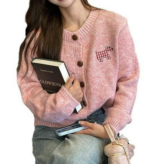 Korean Candy Color Cardigan, Spring/Autumn, Round Neck, Long Sleeve, Sweet & Gentle Style Knitwear