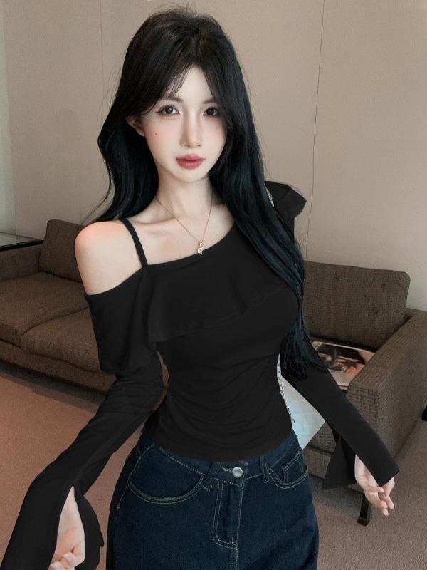 Korean Style Ruffle One-Shoulder Slimming Long-Sleeve Camisole - Women's Sweet & Spicy Autumn Fashion Top