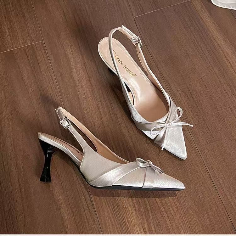 2025 spring and summer new pointed head thin heel French bow high heel single shoes fashion bag head sandals women's summer wear