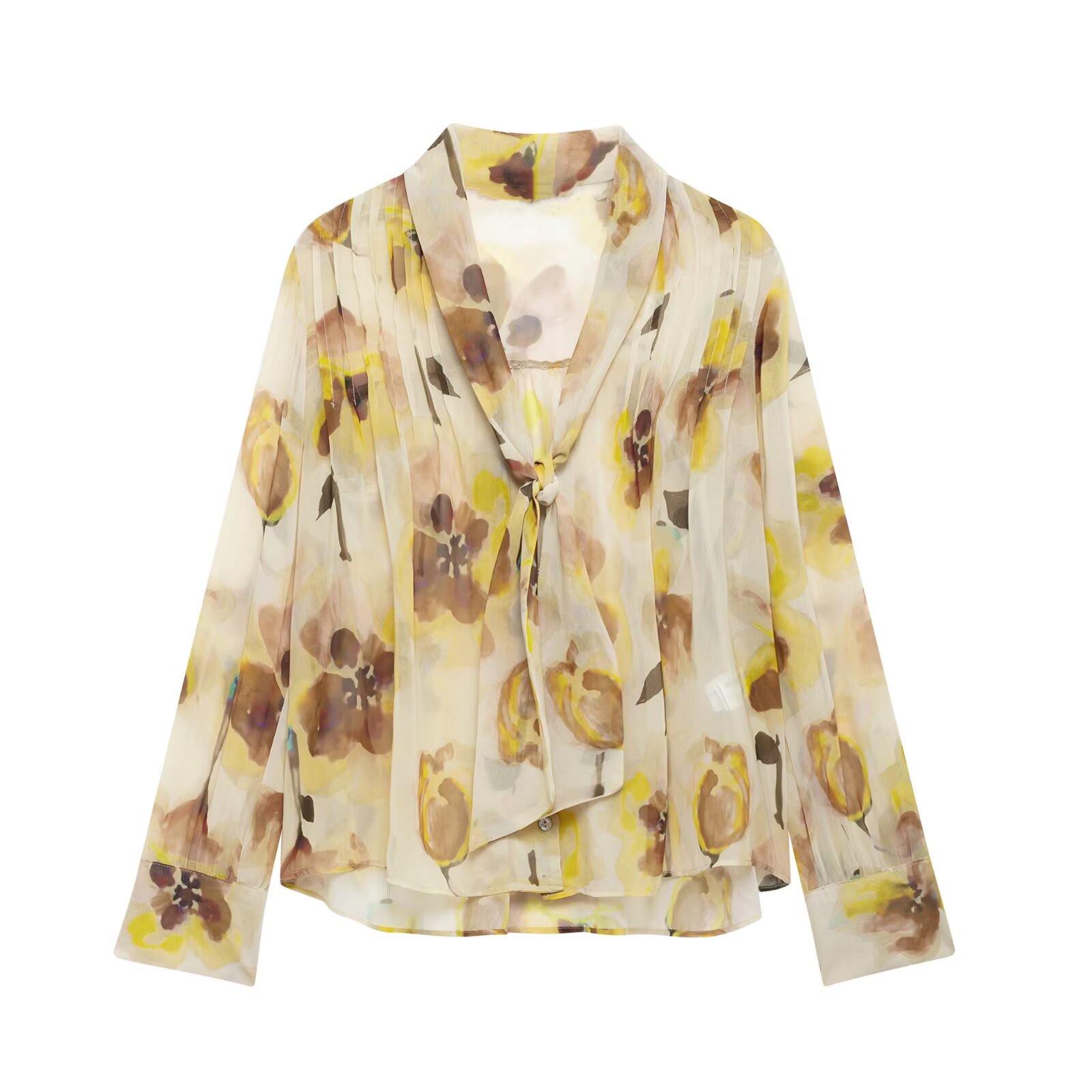 

Spring 2025 Women s Floral V-Neck Tie Long-Sleeve Shirt Medium жовтий