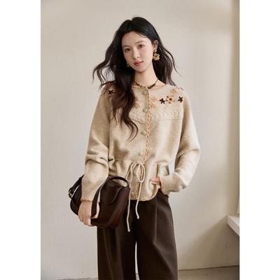 Women's Apricot Hand-Embroidered Knit Cardigan