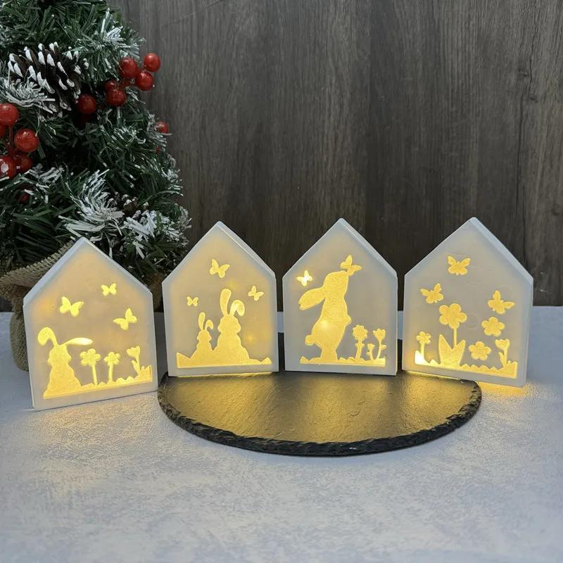 A Top Quality Hollow Bunny Rabbit House Decoration Silicone Mold Easter House Light Strings Holder Plaster Mold Handmade Decor