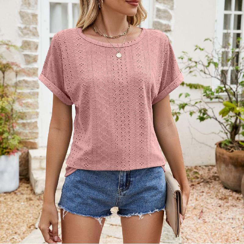 2026 Summer New Hollow-Out Round Neck Short Sleeve Women's Casual Solid Color T-Shirt