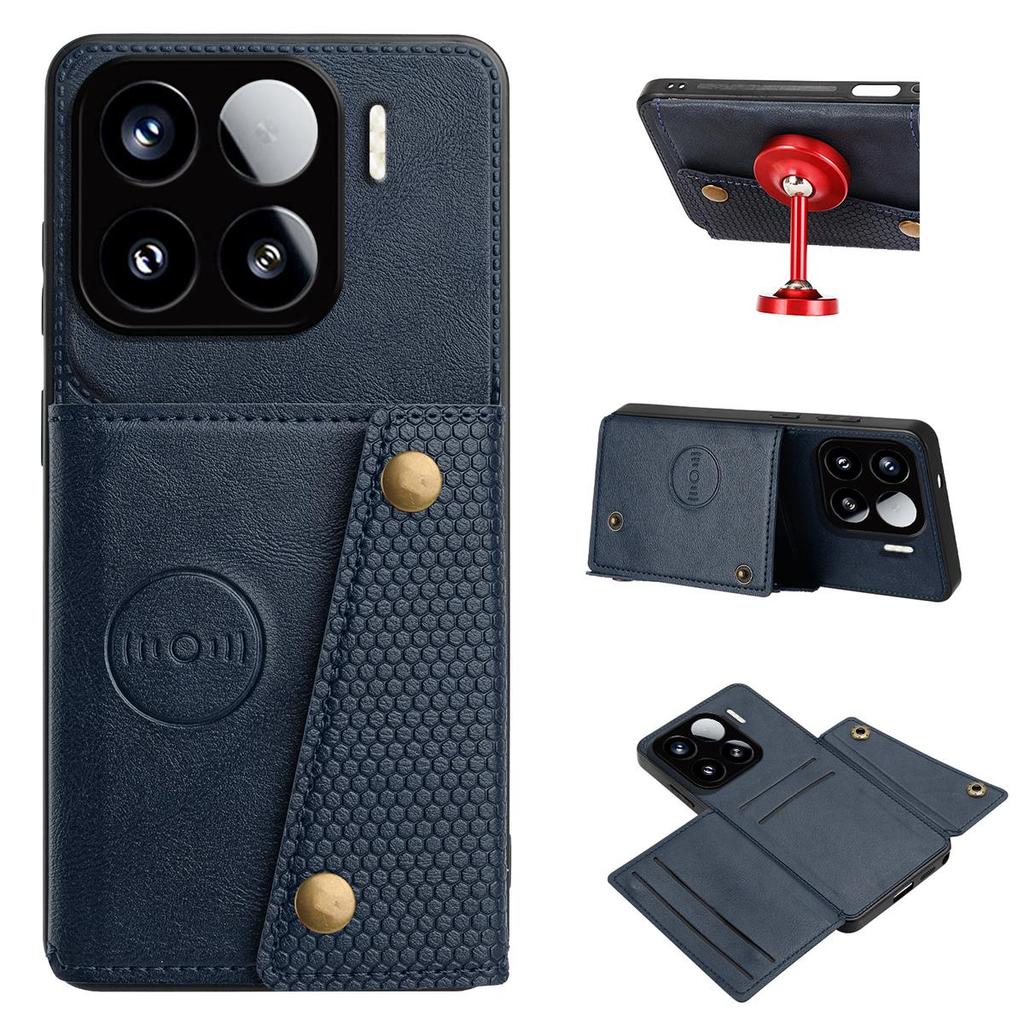 Vintage Leather Card Holder Phone Case for Xiaomi 15 Pro Card Pockets Dual Snap Buttons Flip Wallet Shell