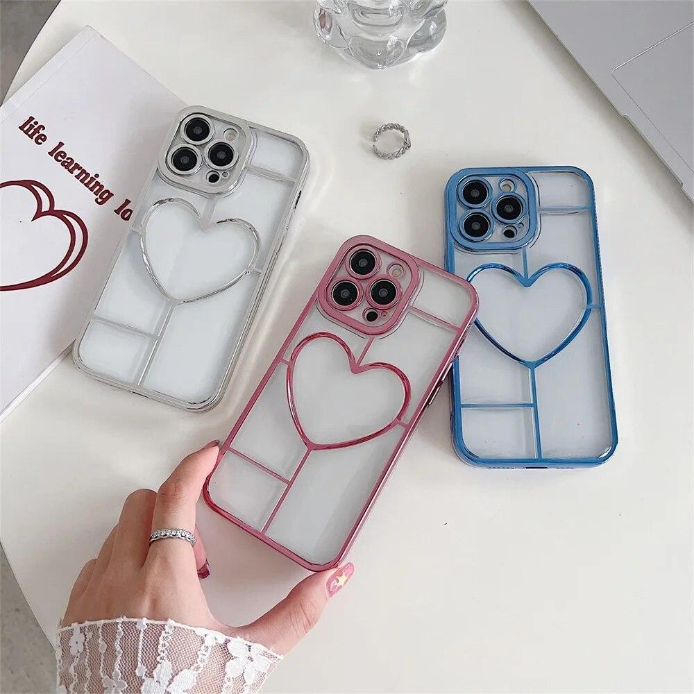 Luxury Electroplate Love Heart Phone Case For iPhone 11 Case Iphone 13 12 14 15 Pro Max 14 15 Plus Shockproof Bumper Clear Cover