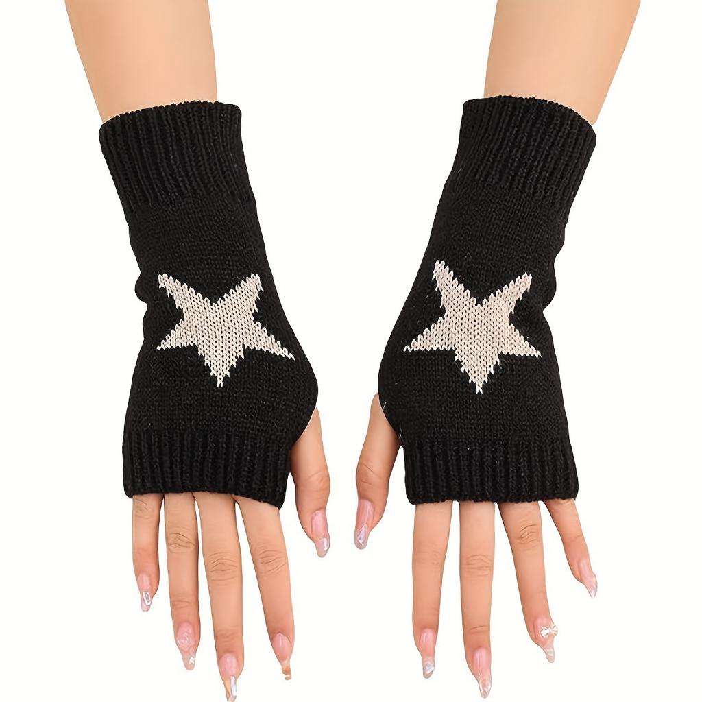 Cute pentagram black gloves for men and women, winter open finger knitted warm gloves