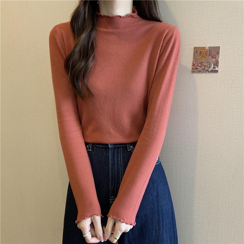 2026 White Long-Sleeved Knit T-Shirt, Half-High Neck Base Layer, Korean Style Autumn Women's Sweater