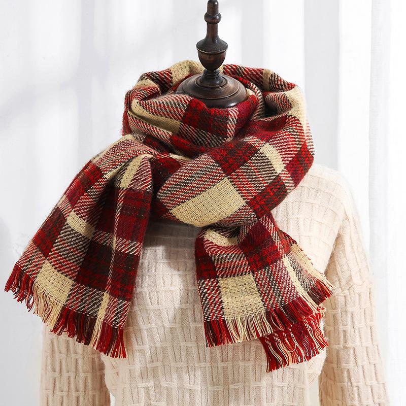 Double-sided plaid scarf women's winter 2025 Christmas imitation cashmere fringed shawl women's warm scarf