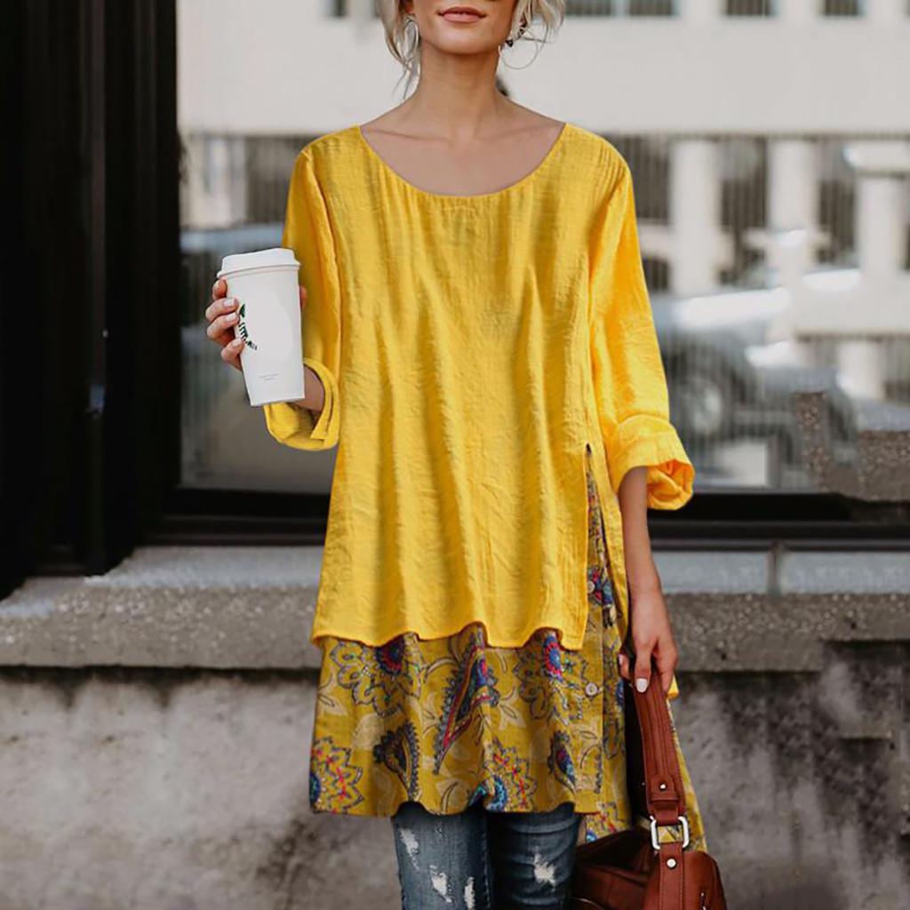 

Ramidos Women Vintage Patchwork Irregular Hem Print Plus Size Top T-Shirt Blouse