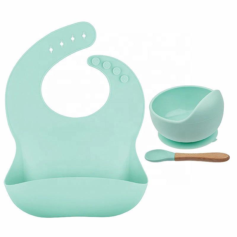 Silicone Bib & Tableware Set: Snail Bowl, Wooden Handle Spoon & Fork - Child Safe 3-Piece Feeding Kit