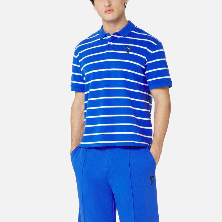 Puma X Ami Paris Co-Branded Series Heart Logo Contrast Stripe Short Sleeve Polo Men Tops Light-Green Blue 534067-93