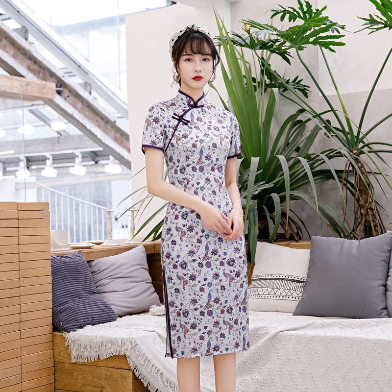 1011 summer new fashionable and elegant slim double-layer medium and long finch feather satin improved cheongsam dress diagonal placket