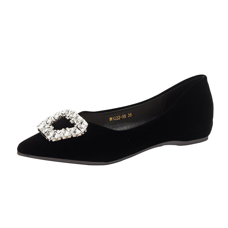 W1022-98 French temperament rhinestone black pointed flat shoes women's 2025 new shallow mouth work professional single shoes