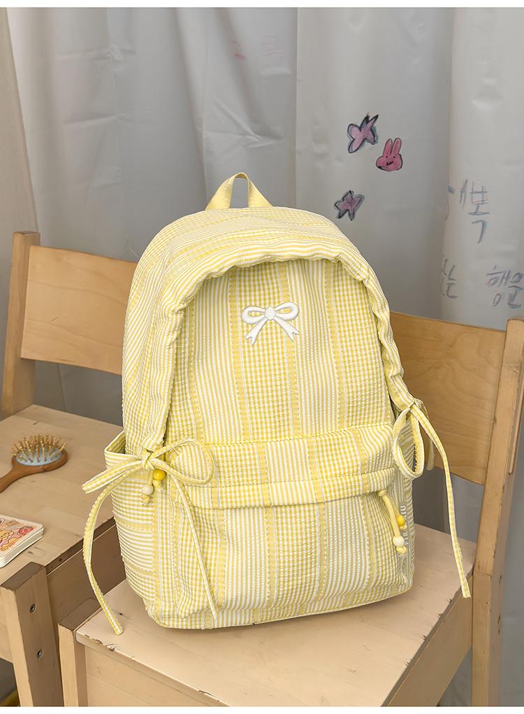 Zaino nebbia di limone texture a righe sequenza fiocco zaino festa studenti dolce ceroso estetico ragazza morbida orologio shopping nello zaino