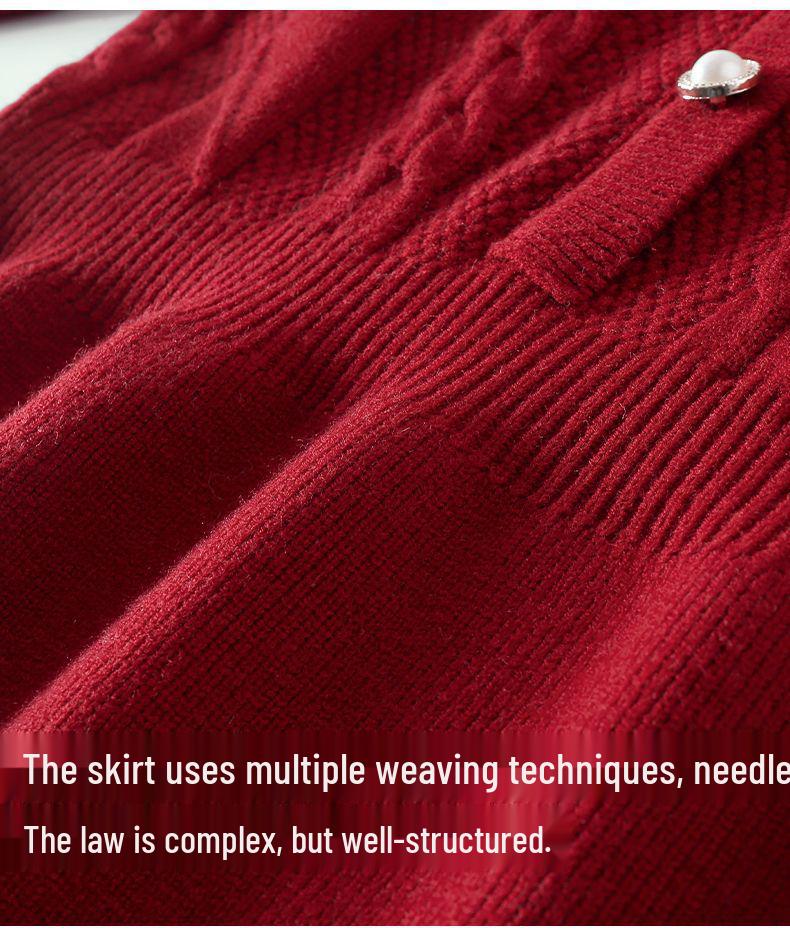 Sangluo Girls' Knit Woolen Dress - 2025 Autumn/Winter Red New Year Outfit