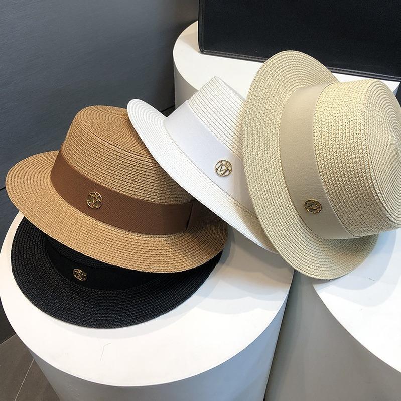 Flat Top Top Hat Women's Summer French Senior Socialite Straw Hat Seaside Vacation Sunshade Sunscreen Straw Encryption Sun Hat