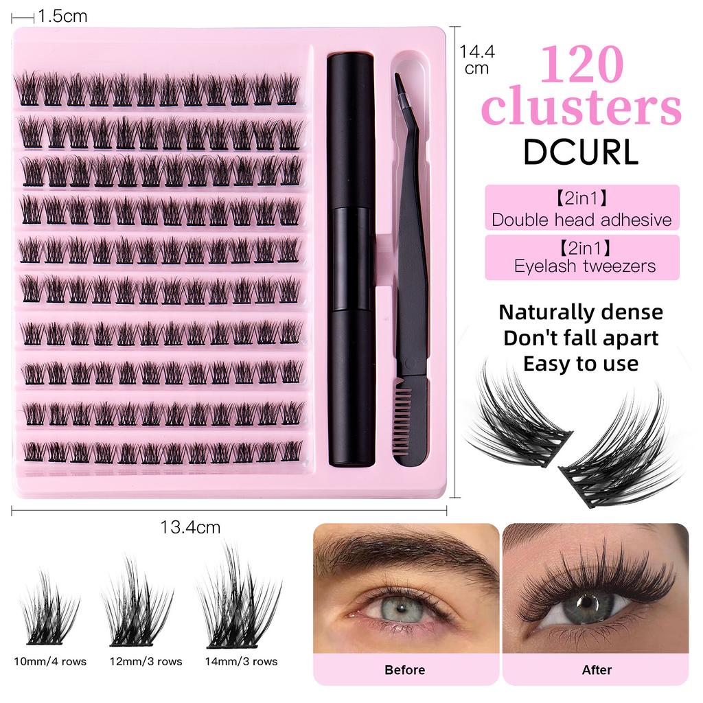 Segmented Multi-Hair Glue Tweezers Set, Natural Thick False Eyelashes C-Song Single Cluster Eyelashes