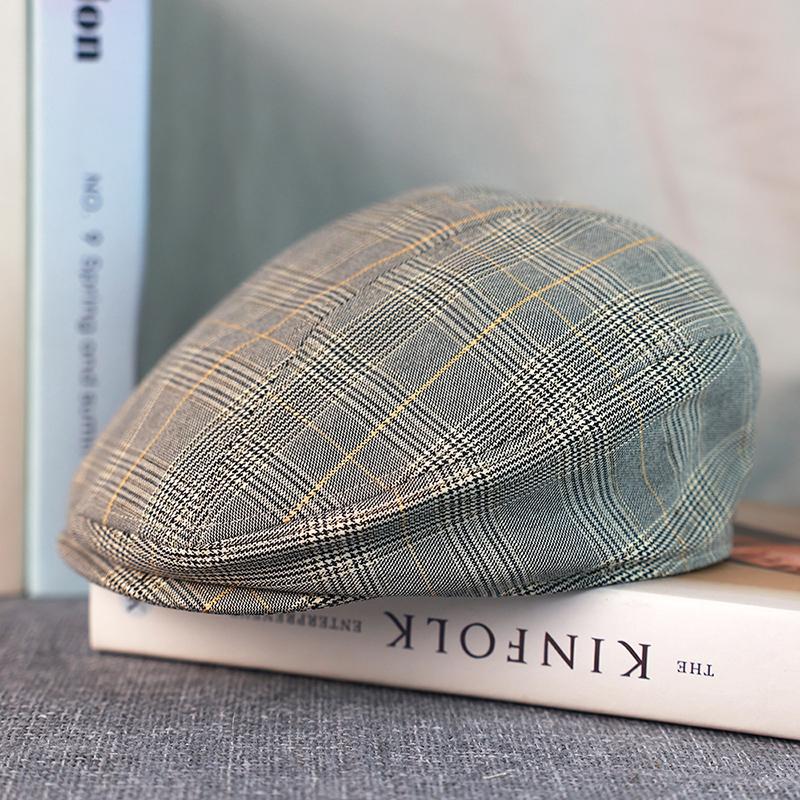Gray Plaid Newsboy Hat Linen Cotton Womens Mens Ivy Cap Cabbie Driver Hat Spring Autumn Flat Hats Vintage Gatsby Beret A-53