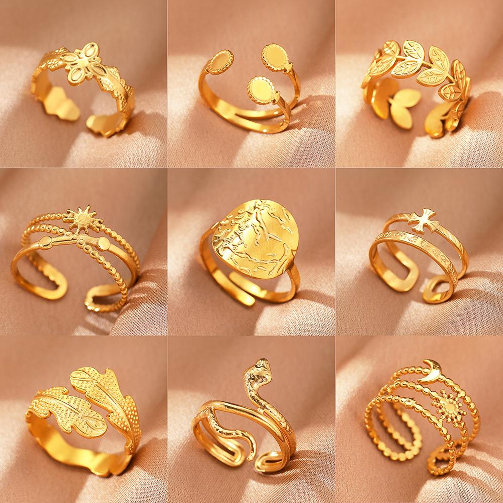 Stainless Steel Rings Vintage Plants Leaves Snake Exquisite Star Moon Adjustable Open Sweethearts Rings For Women Zircon Gifts