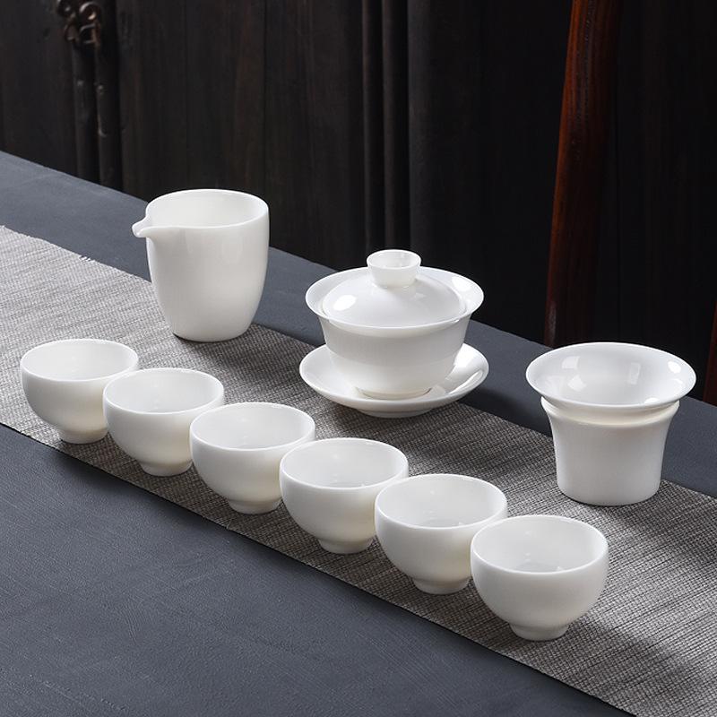 Suet Jade White Porcelain Tea Set Custom Set Kung Fu Tea Cup Household Living Room Dehua Tea Ceramic Cover Bowl