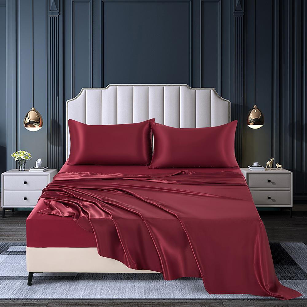 Summer Satin Silk-like Bed Sheet Set (Flat Sheet + Fitted Sheet + Pillowcase) Solid Color Mattress Cover Twin Full Queen Size