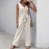 TIFICY Moda feminina casual verão primavera listra estampa sem mangas decote em v cintura alta calças macacões e macacões