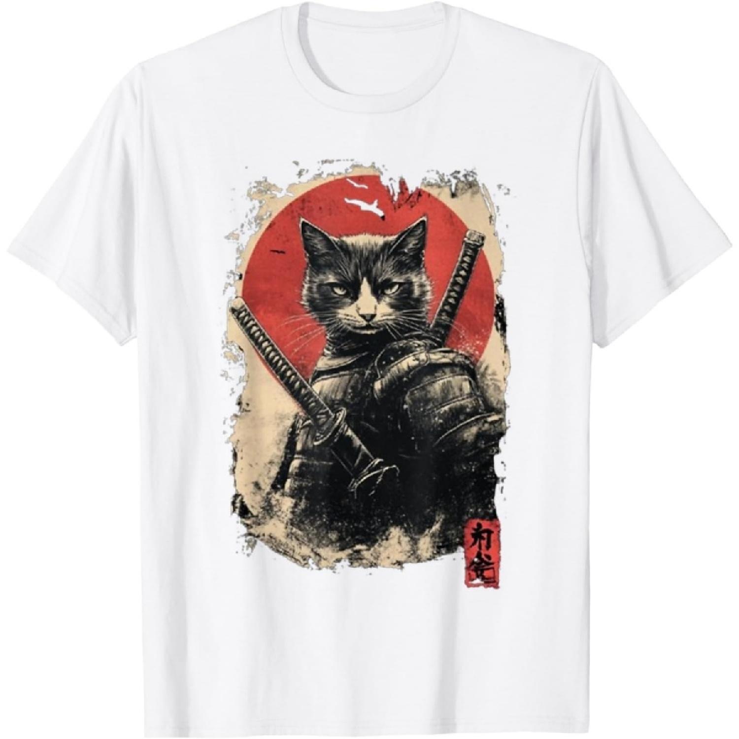 CwqlzXaiQwq Vintage Japanese Art Anime Graphic Samurai cat Warrior T-Shirt XXXXXL белый