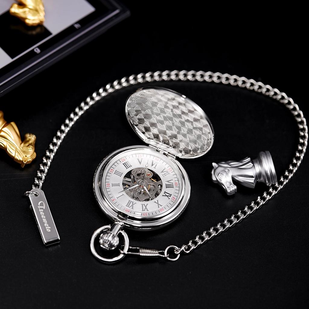 TREEWETO Mechanisch Zakhorloge Klassiek Antiek Skelet Romeinse Cijfers Zilver met Ketting