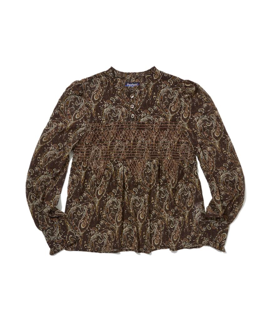 PENFIELD Paisley Chiffon Smocking Embroidery Blouse Brown_Fs1Wr10F
