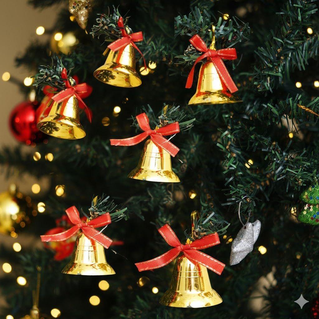 

Christmas Bells Golden Jingle Bells with Red Ribbon (Pack of 6) | Christmas Tree Decoration Items | Xmas Hanging Ornaments Props Decorations Items