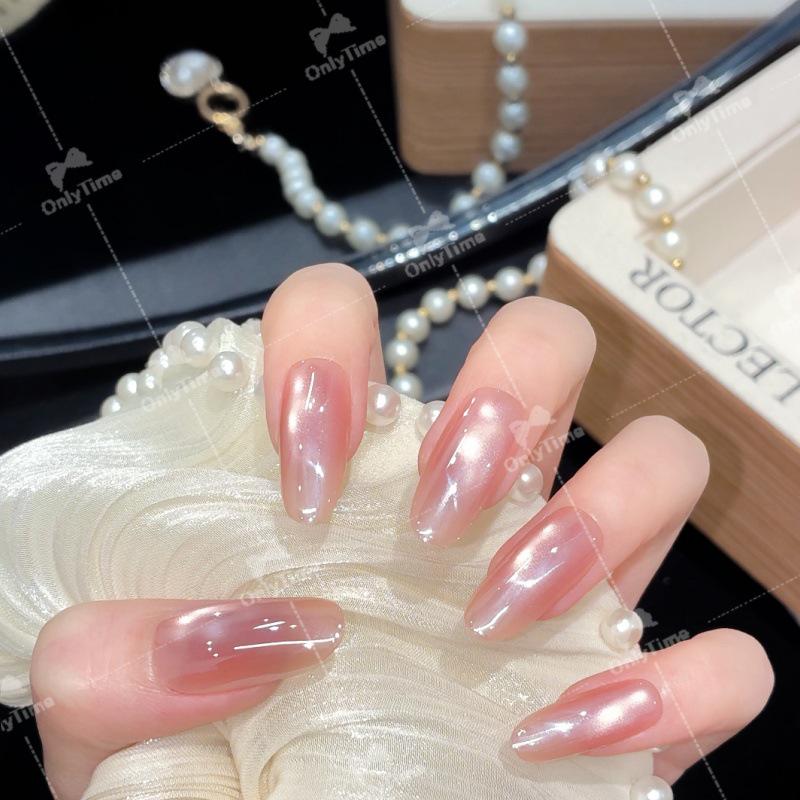 Yingyu Nude Pink Cat Eye Press-On Nails - Elegant Whitening Stickers for Daily Wear