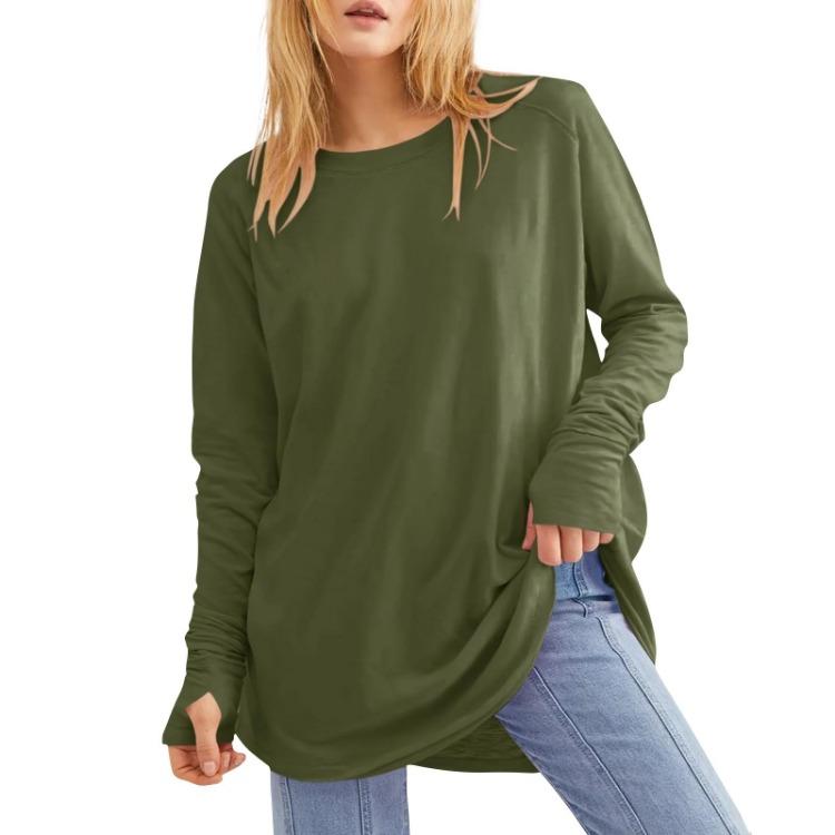 Loose Long Sleeve T Shirt Women Solid Round Neck Medium Top Thumb Hole