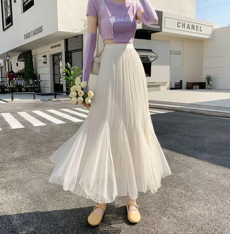

Apricot Irregular Mesh Fishtail Midi Skirt - European Style Elastic High Waist Pleated Fairy Skirt for Women, Spring/Summer One Size абрикосовий