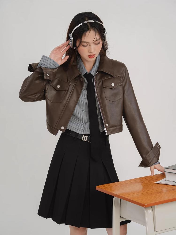 Americký vintage sladký horký dívčí styl kávové barvy dámská kožená bunda podzim nový designový smysl krátká motorkářská bunda top
