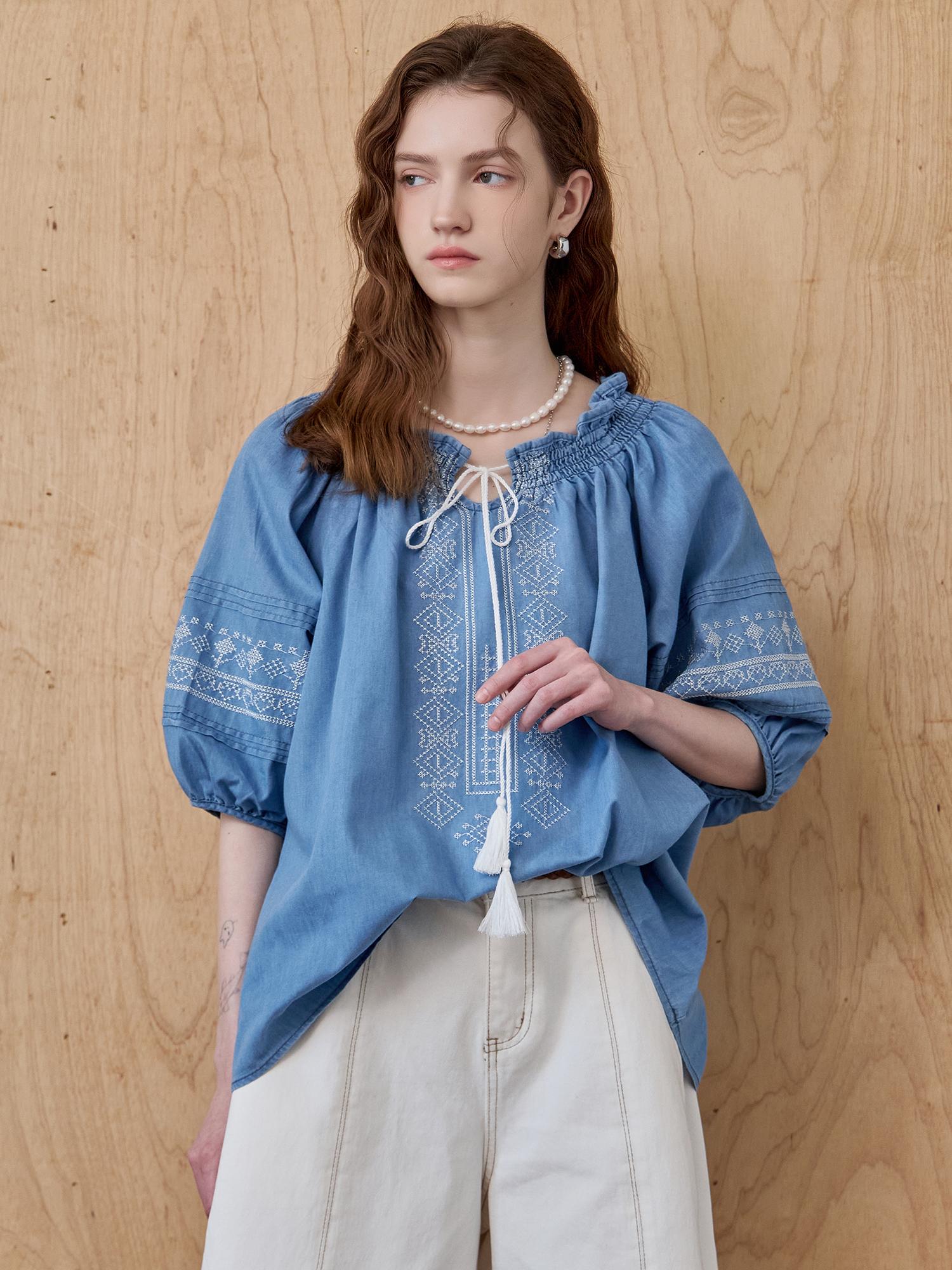 Maja Ethnic Embroidered Puff Sleeve Denim Voluminous Blouse Blue/Free