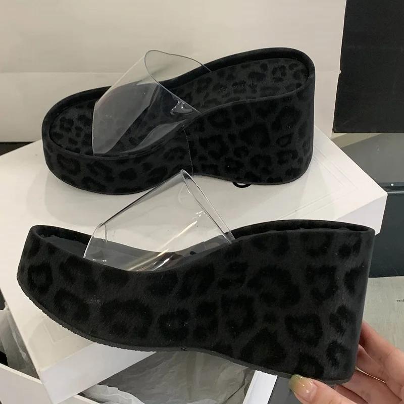 

Новый Дизайн Леопардовый Принт Платформа Танкетка Женские Шлепанцы Летние ПВХ Прозрачные Открытый Носок Высокий Каблук Вечеринка Платье Туфли 35 чёрный