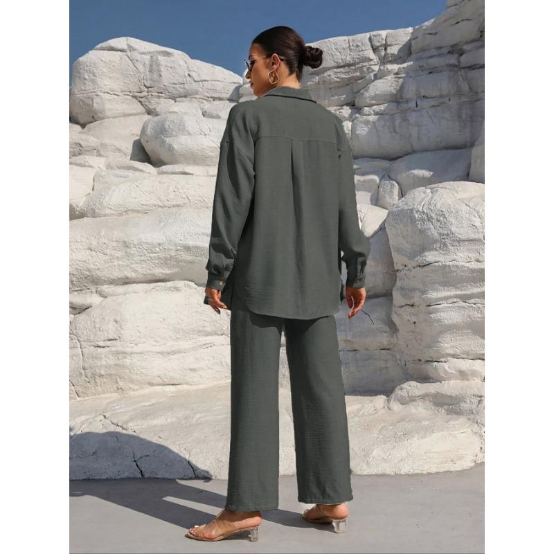 Women's Fashion Solid Color Collar Button Long Sleeve Top Elastic Waist Straight Pants Casual Set
