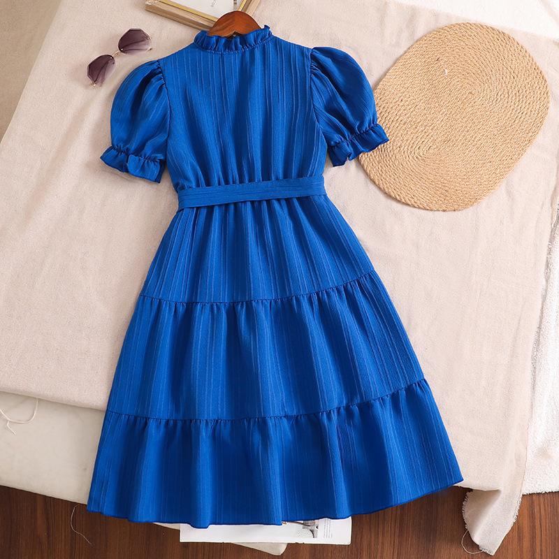 Girl's Dress Summer Dress New 8-12Y Children V-neck Bubble Sleeve Princess Dress Lace-up Dresses