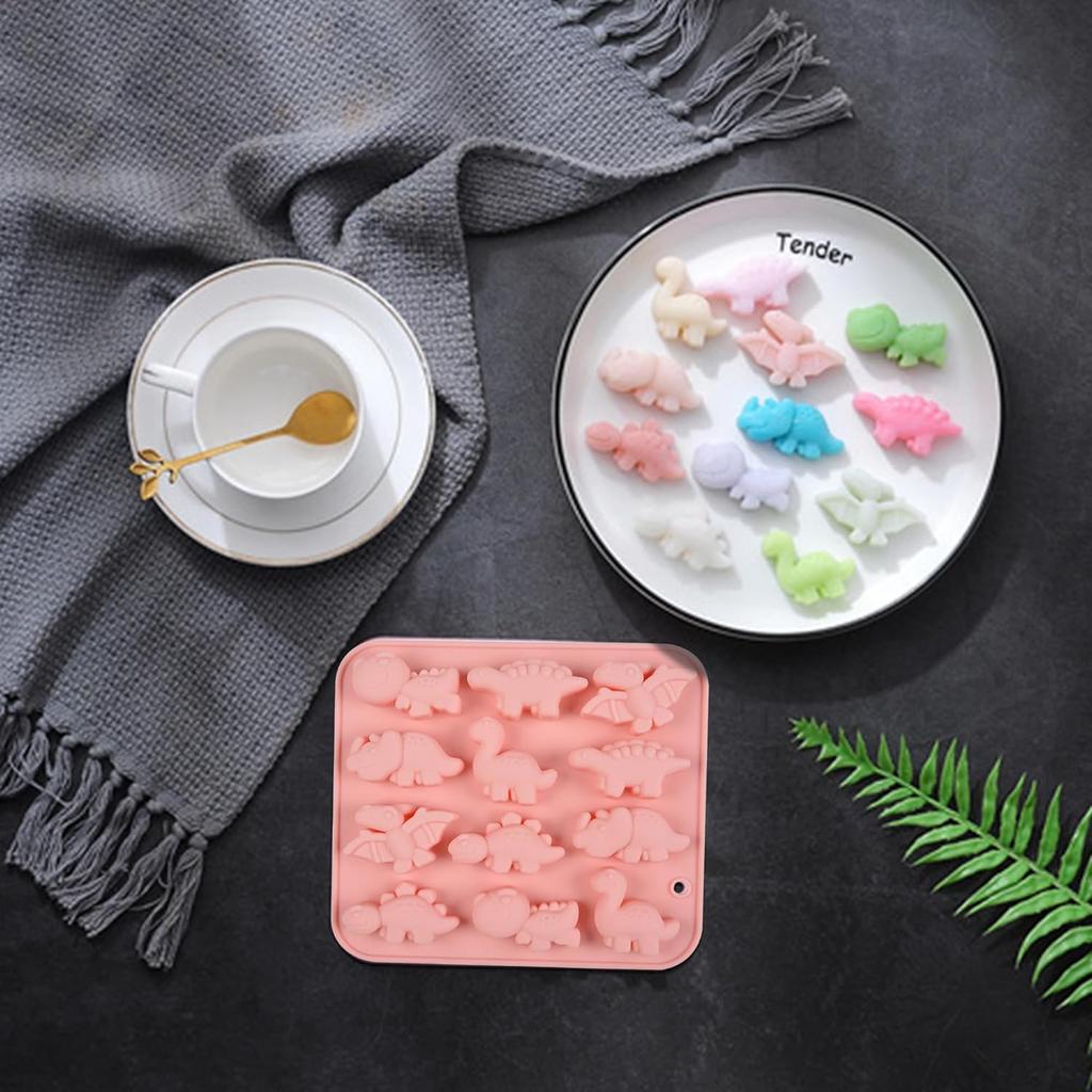 Dinosaur Silicone Mold, Food Grade Non-Stick Pink Chocolate Mold for Kids, 12-Cavity Flexible and Easy Release, BPA Free Baking Tray for Cake, Candy,