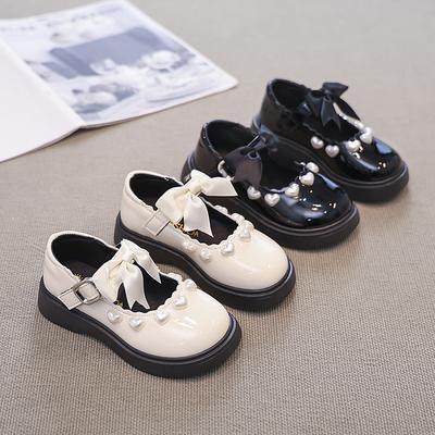 Girls' Pearl Bow Princess Shoes, New Autumn Korean Style Children's Patent Leather Shiny Flats