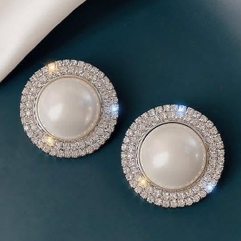 

New Round Big Pearl Stud Earring for Women with Shining Zircon Girl Solid Sterling Silver Korean Earrings Party Gift