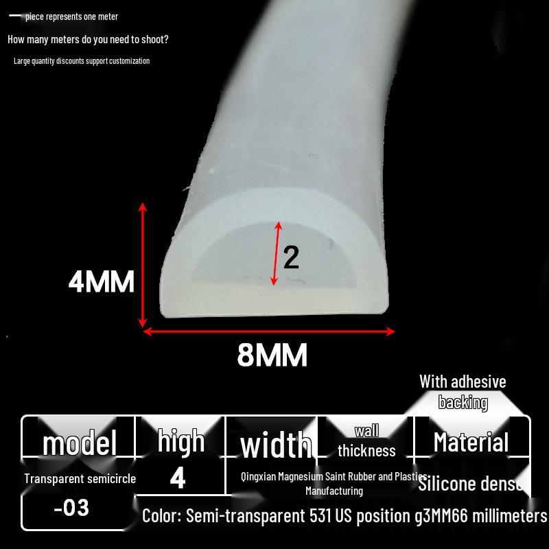 D-shaped High-Temperature Silicone Seal, Semi-Circular Hollow Strip, Self-Adhesive Solid, Odorless Transparent.